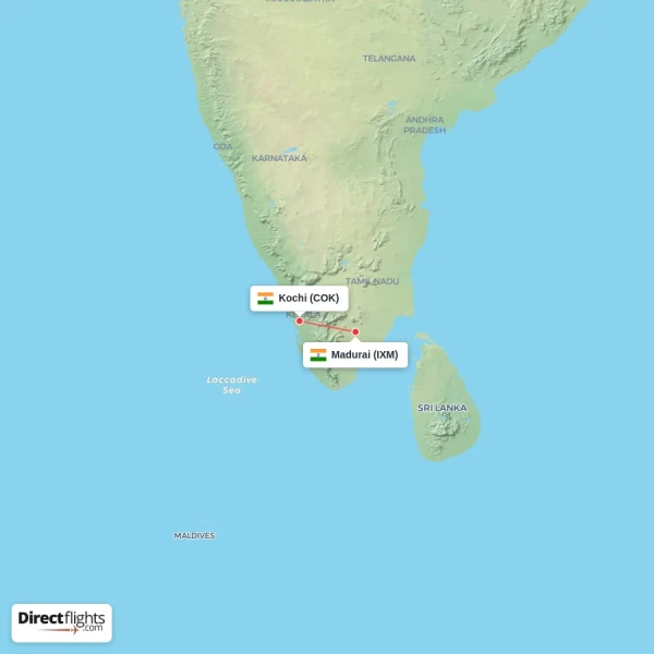 Madurai - Kochi direct flight map