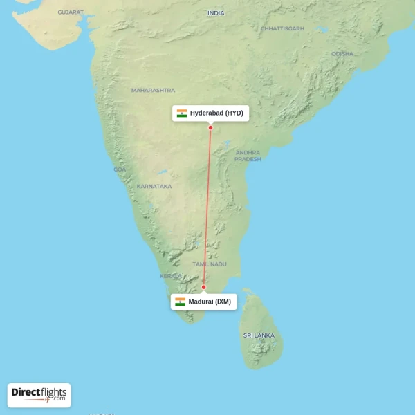 Madurai - Hyderabad direct flight map