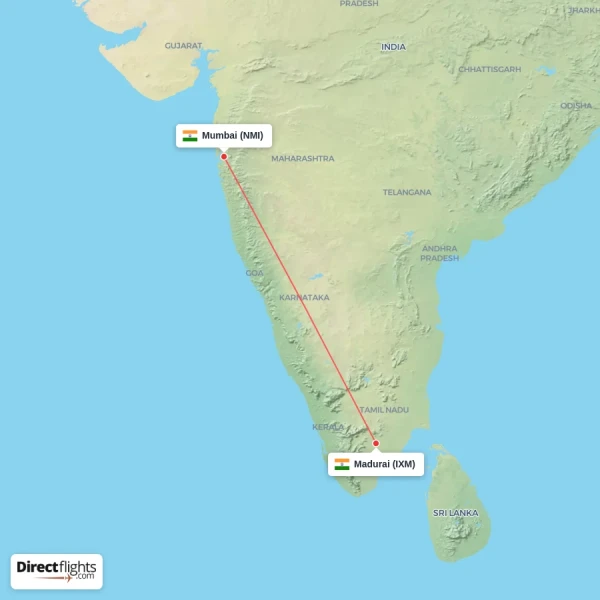 Madurai - Mumbai direct flight map