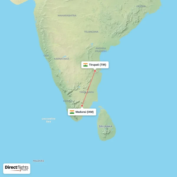 Madurai - Tirupati direct flight map
