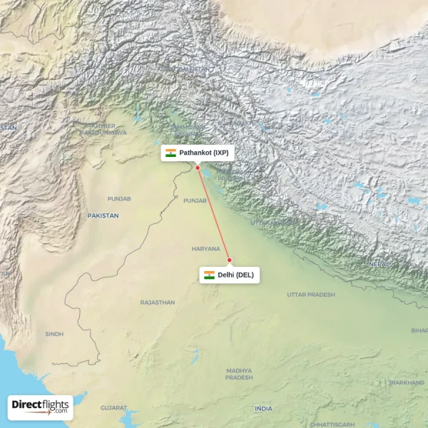 Pathankot - Delhi direct flight map
