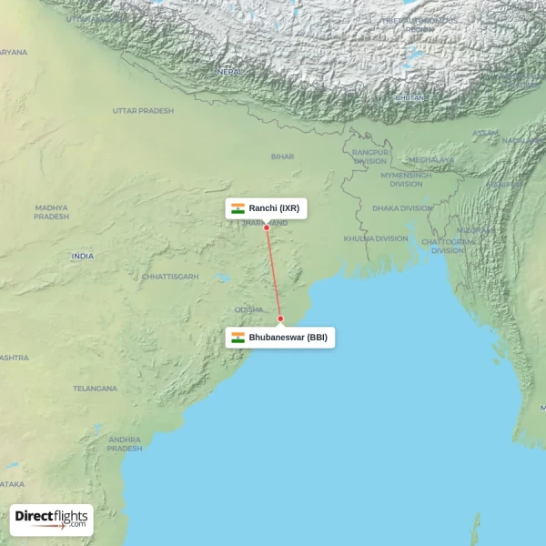 Ranchi - Bhubaneswar direct flight map