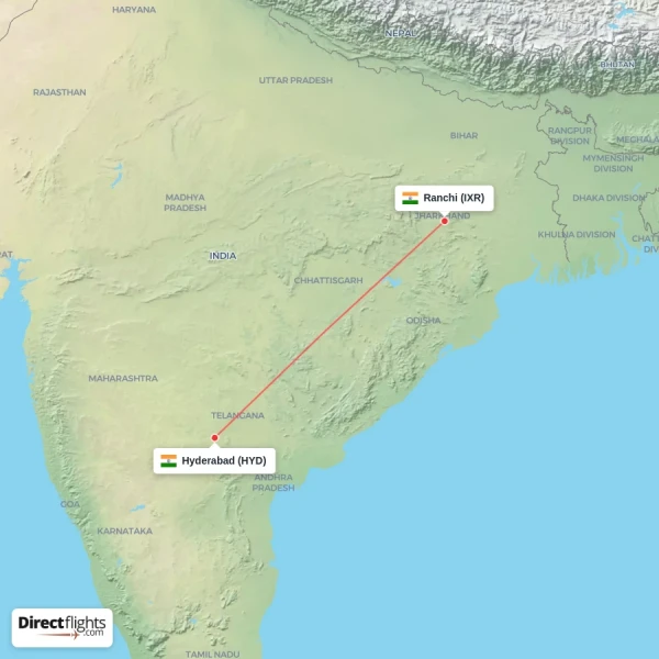Ranchi - Hyderabad direct flight map
