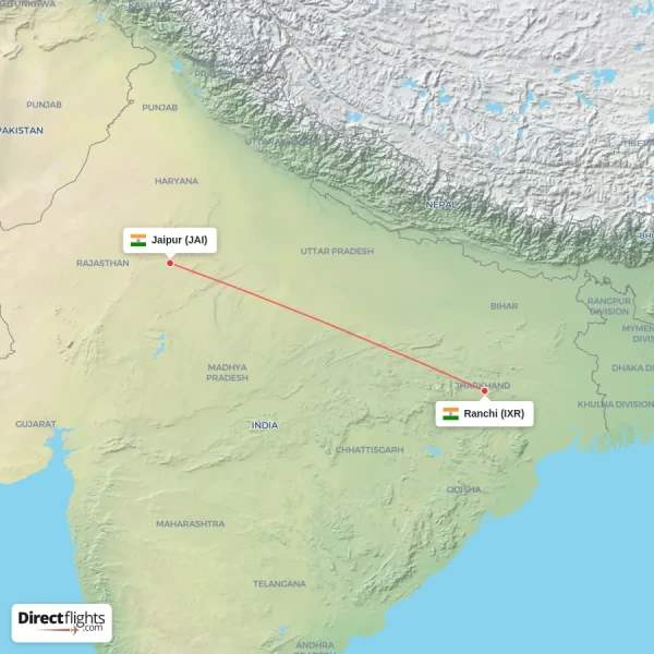 Ranchi - Jaipur direct flight map