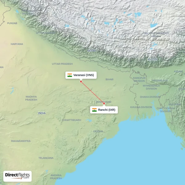Ranchi - Varanasi direct flight map
