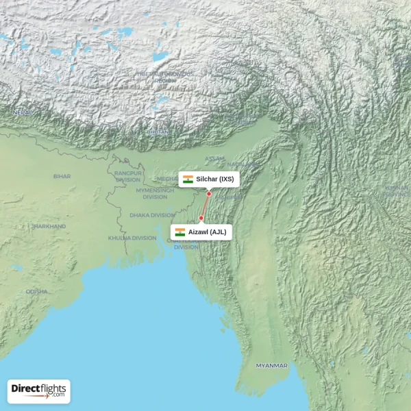 Silchar - Aizawl direct flight map