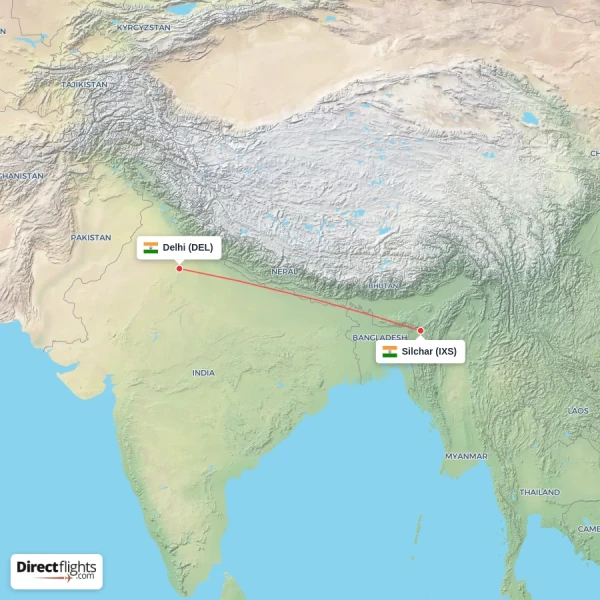 Silchar - Delhi direct flight map