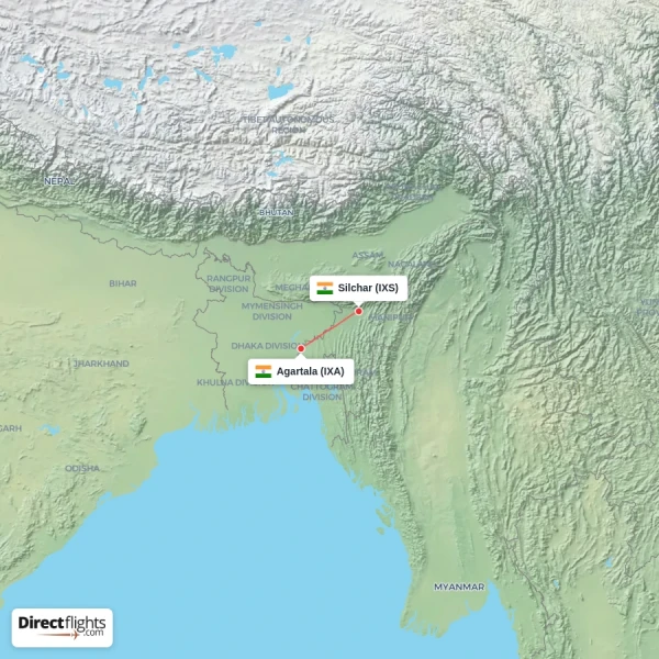 Silchar - Agartala direct flight map