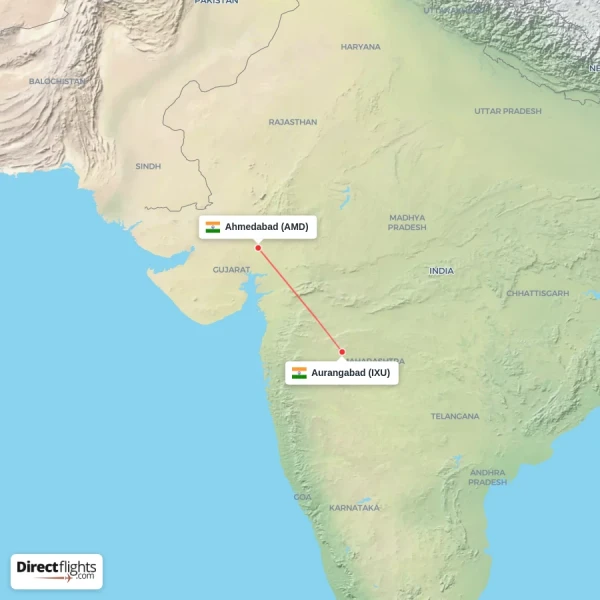 Aurangabad - Ahmedabad direct flight map