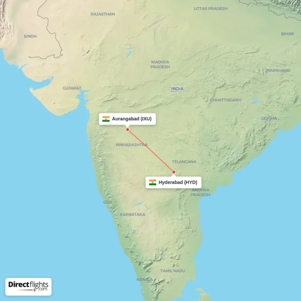 Aurangabad - Hyderabad direct flight map