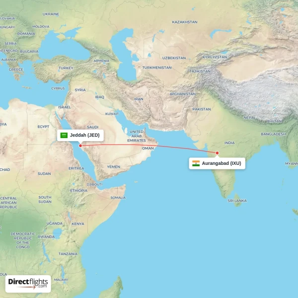 Aurangabad - Jeddah direct flight map