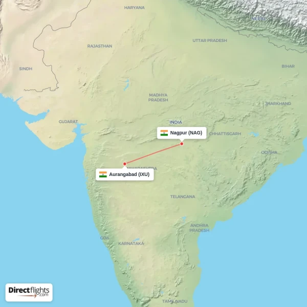 Aurangabad - Nagpur direct flight map