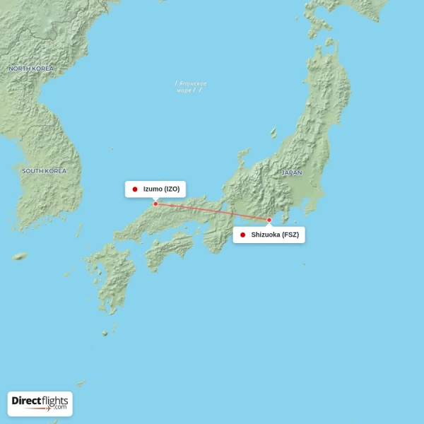 Izumo - Shizuoka direct flight map