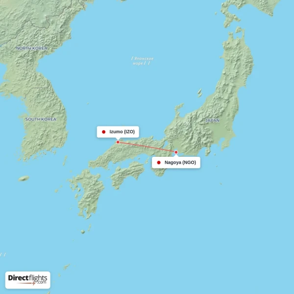 Izumo - Nagoya direct flight map