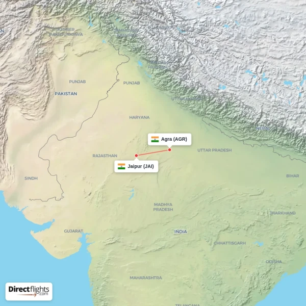 Jaipur - Agra direct flight map
