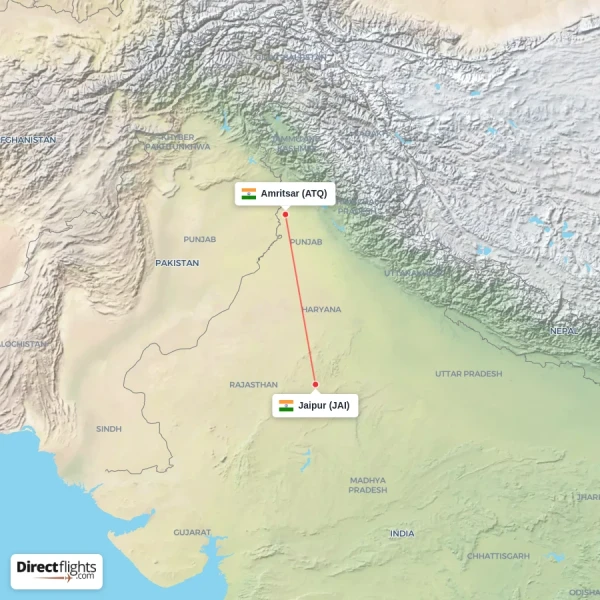 Jaipur - Amritsar direct flight map