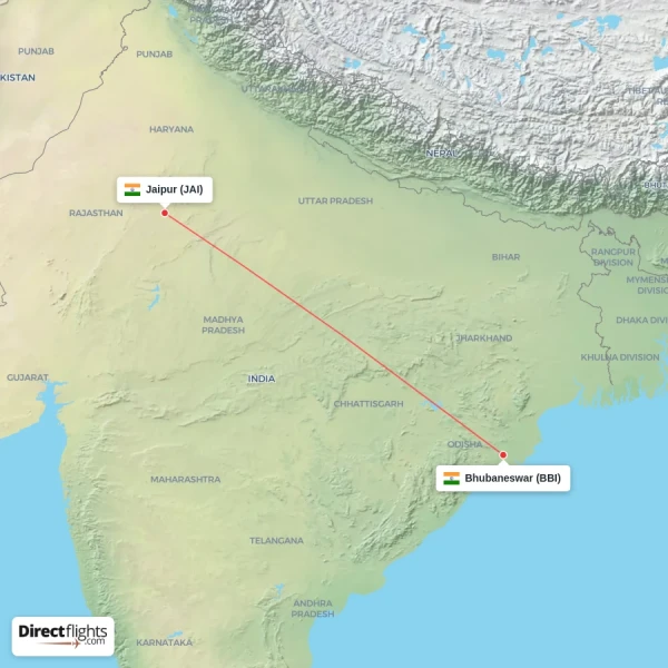 Jaipur - Bhubaneswar direct flight map