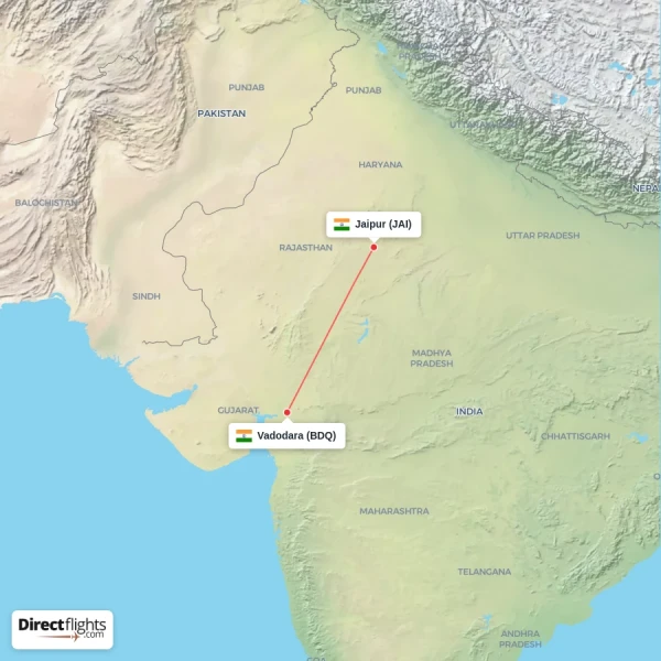 Jaipur - Vadodara direct flight map