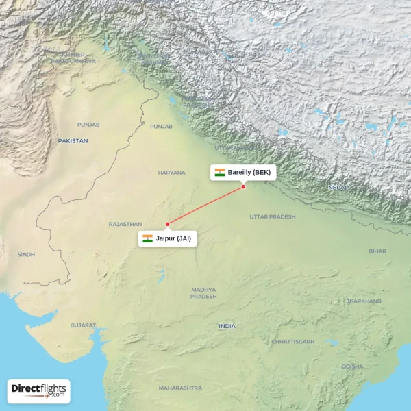 Jaipur - Bareilly direct flight map