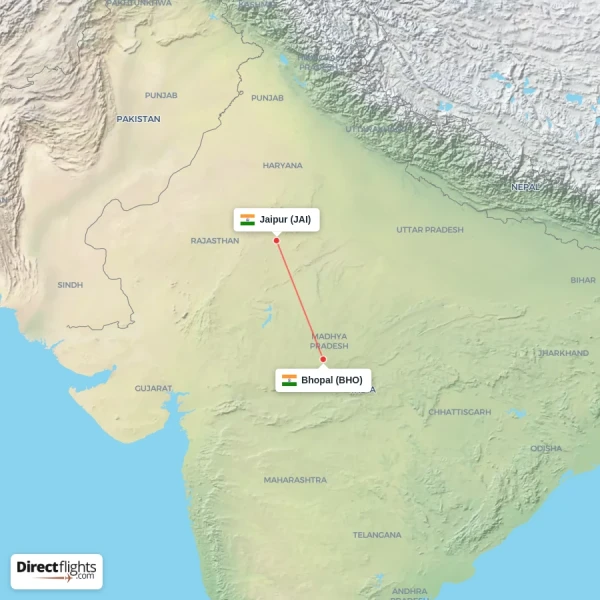 Jaipur - Bhopal direct flight map