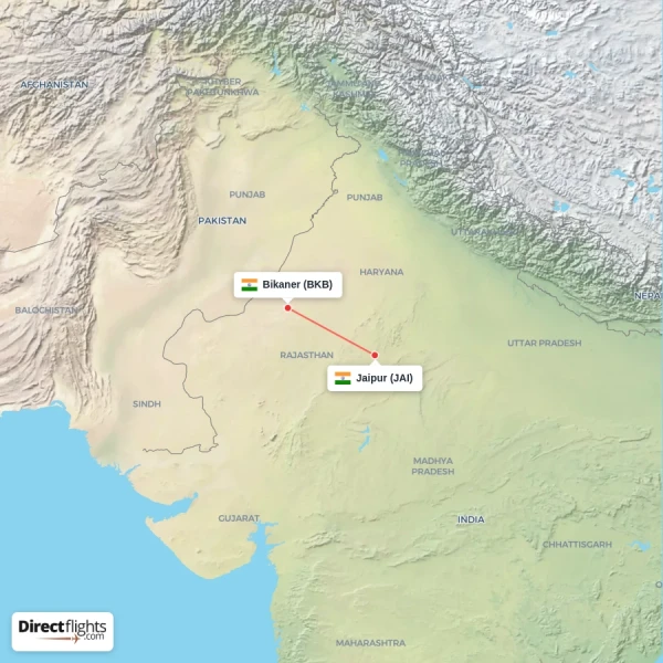 Jaipur - Bikaner direct flight map