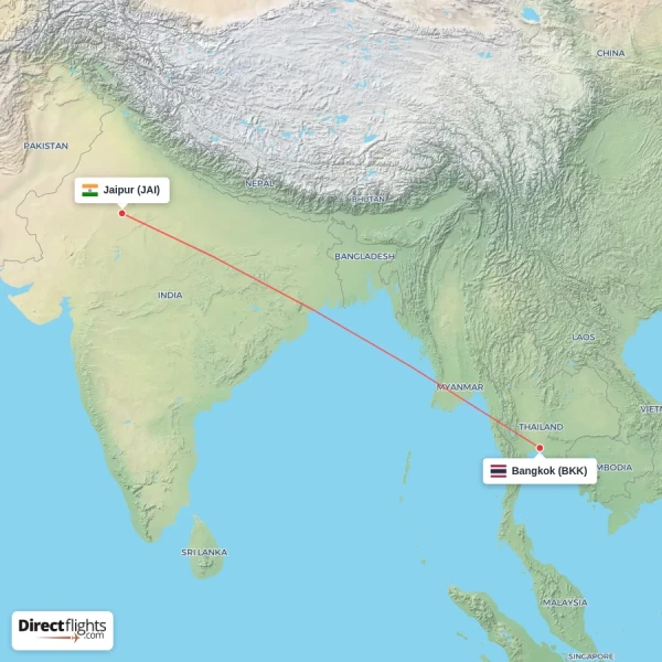 Jaipur - Bangkok direct flight map