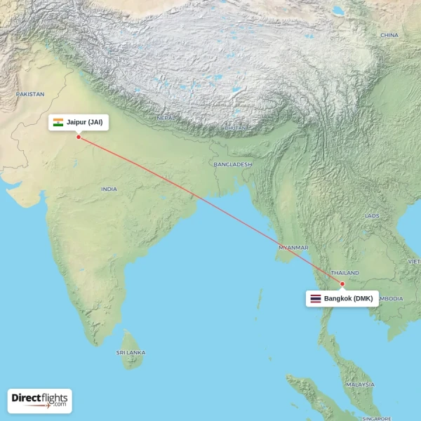 Jaipur - Bangkok direct flight map