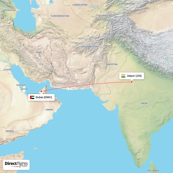 Jaipur - Dubai direct flight map