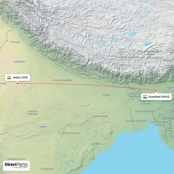 Jaipur - Guwahati direct flight map