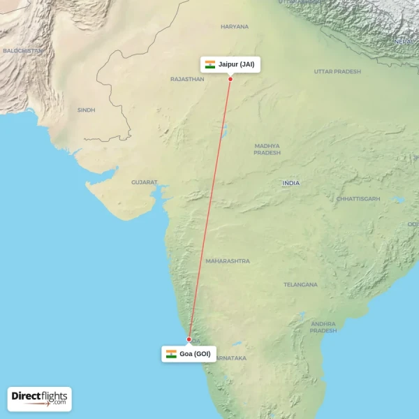 Jaipur - Goa direct flight map