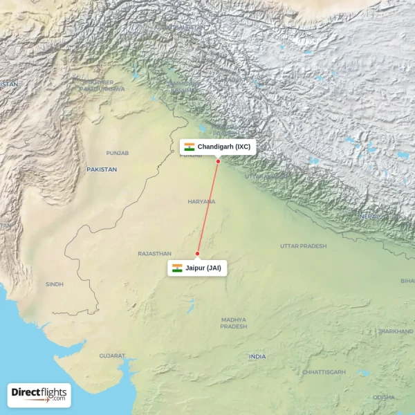 Jaipur - Chandigarh direct flight map