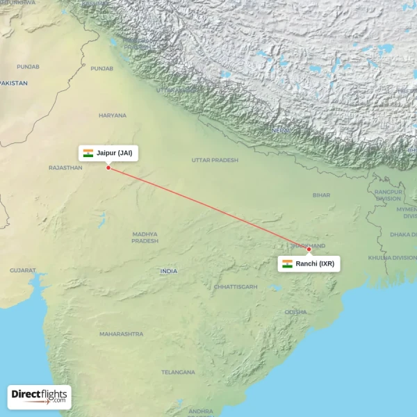 Jaipur - Ranchi direct flight map