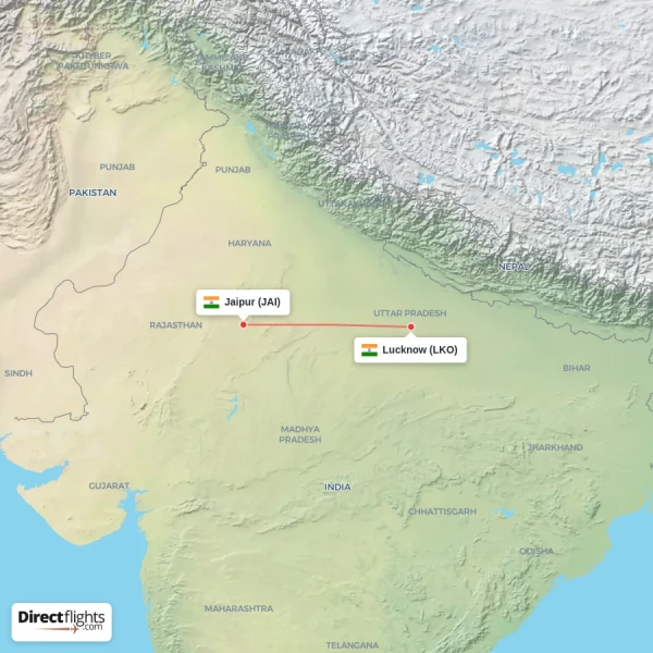 Jaipur - Lucknow direct flight map