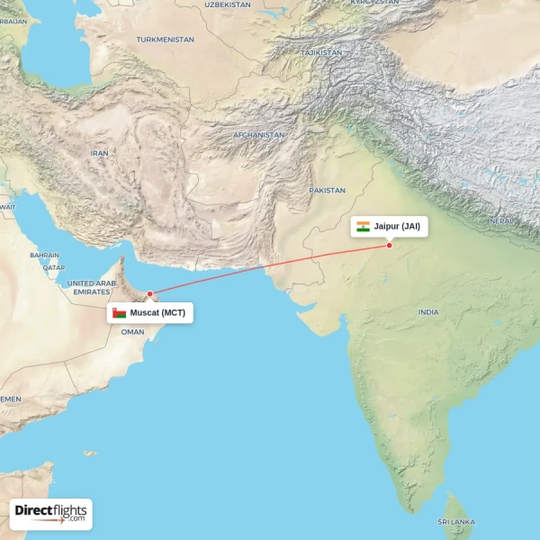 Jaipur - Muscat direct flight map
