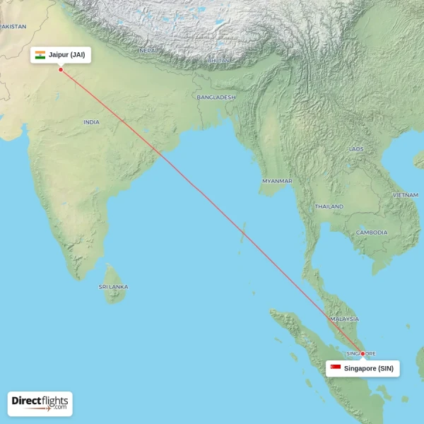 Jaipur - Singapore direct flight map