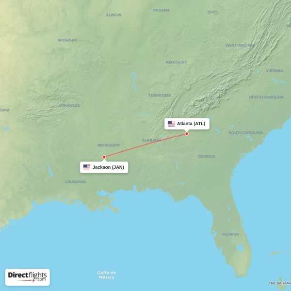 Jackson - Atlanta direct flight map