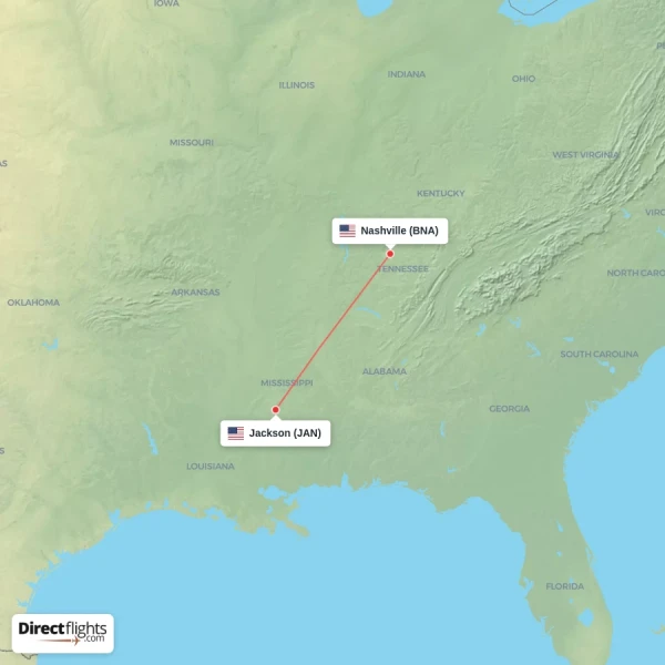 Jackson - Nashville direct flight map