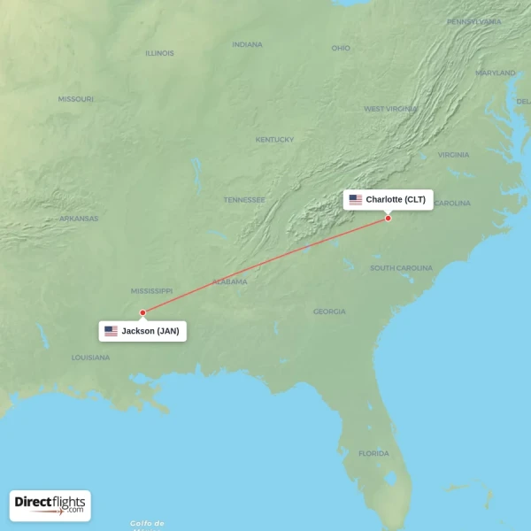 Jackson - Charlotte direct flight map