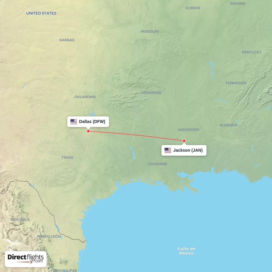 JAN - DFW route map