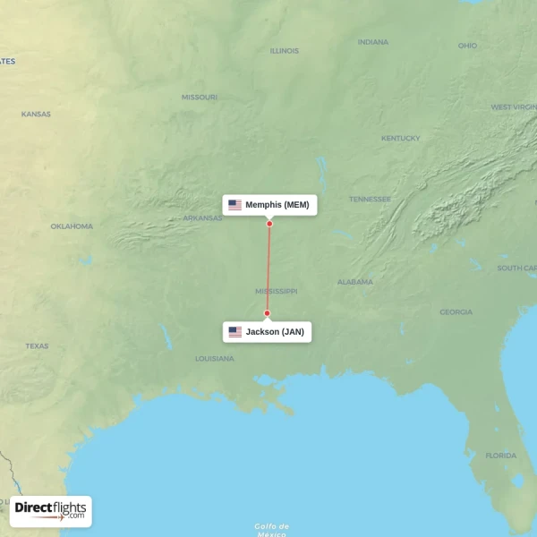 Jackson - Memphis direct flight map
