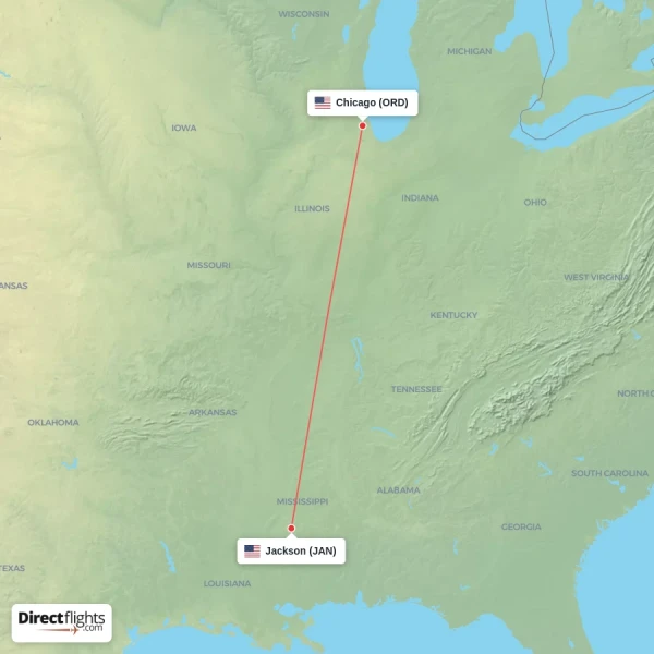 Jackson - Chicago direct flight map