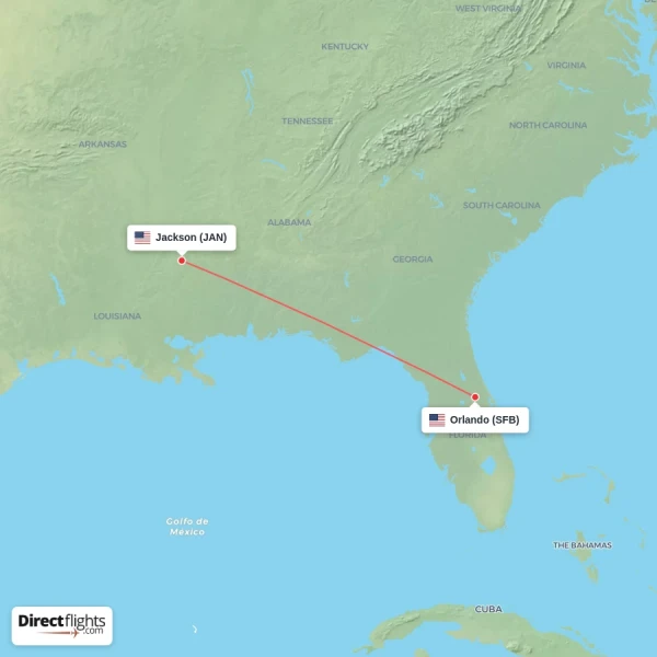 Jackson - Orlando direct flight map