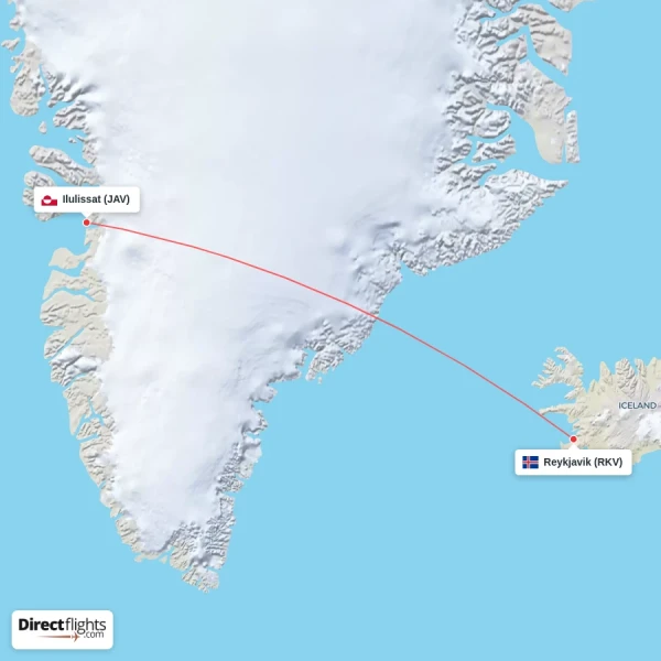 Ilulissat - Reykjavik direct flight map