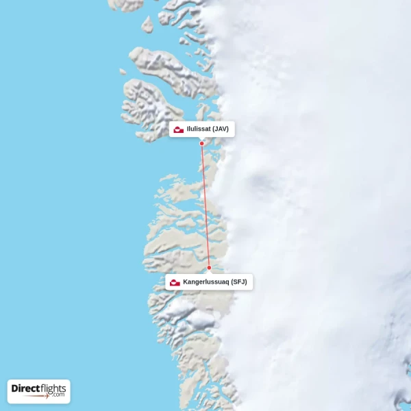 Ilulissat - Kangerlussuaq direct flight map