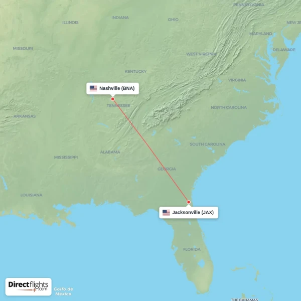 Jacksonville - Nashville direct flight map