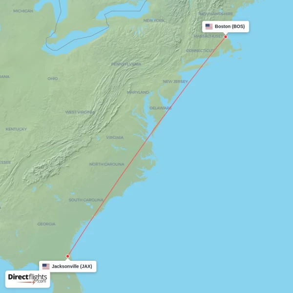 Jacksonville - Boston direct flight map