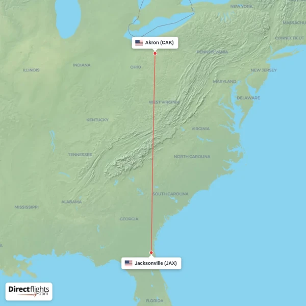 Jacksonville - Akron direct flight map