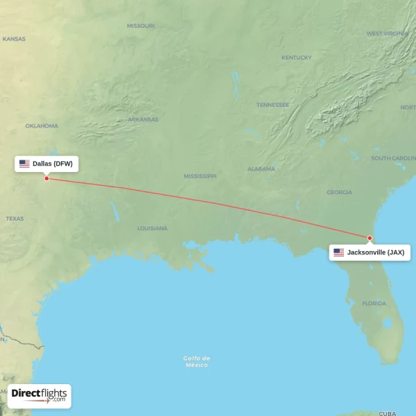 Jacksonville - Dallas direct flight map