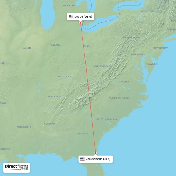 Jacksonville - Detroit direct flight map