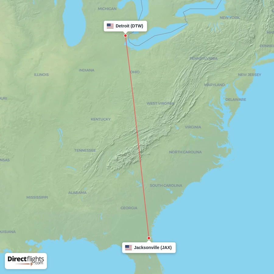 JAX - DTW route map